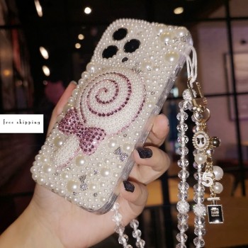 Handmade Crystal iPhone 16 Case Pearl Lollipop Phone Cover Luxury Rhinestone and Pearl