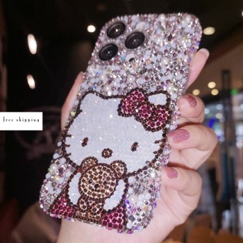 Handmade Crystal iPhone 16 Case Glitter Bling Hello Kitty Phone Cover Luxury Crystal Rhinestone