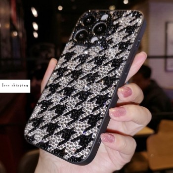 Handmade Crystal iPhone 16 Case Glitter Bling Houndstooth Phone Cover Luxury Crystal Rhinestone