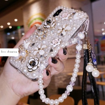 Handmade Crystal iPhone 16 Case Luxury Pearl Phone Cover Unique Pearl & Flower Design
