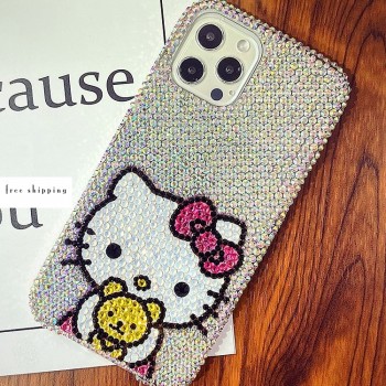 Handmade Crystal iPhone 16 Case Glitter Bling Hello Kitty Phone Cover Luxury Crystal Rhinestone
