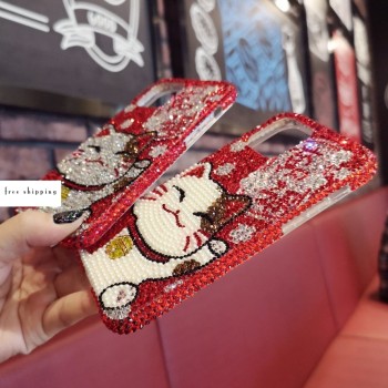 Handmade Crystal iPhone 16 Case Glitter Bling Lucky Cat Phone Cover Luxury Crystal Rhinestone