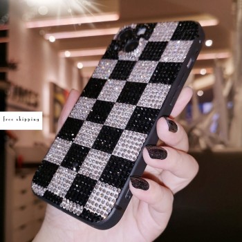 Handmade Crystal iPhone 16 Case Glitter Bling Black & White Check Phone Cover Luxury Rhinestone