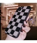 Handmade Crystal iPhone 16 Case Glitter Bling Black & White Check Phone Cover Luxury Rhinestone