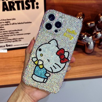 Handmade Crystal iPhone 16 Case Glitter Bling Hello Kitty Phone Cover Luxury Crystal Rhinestone