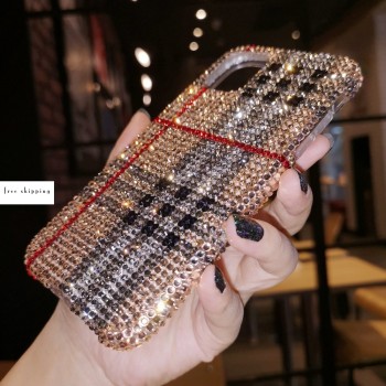 Handmade Crystal iPhone 16 Case Glitter Bling Brand Check Phone Cover Luxury Crystal Rhinestone