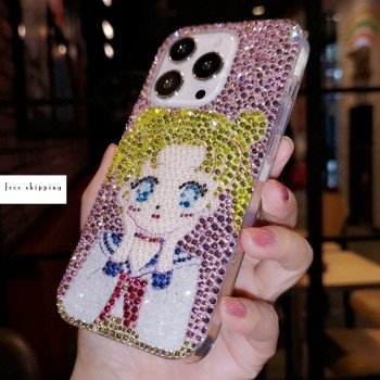 Handmade Crystal iPhone 16 Case Glitter Bling Sailor Moon Phone Cover Luxury Crystal Rhinestone