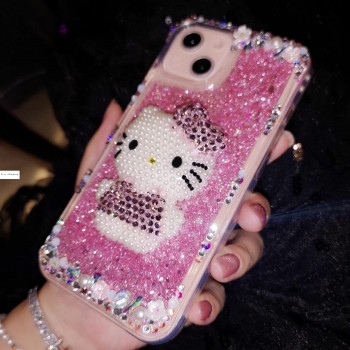 Handmade Crystal iPhone 16 Case Glitter Flowing Neon Sand Liquid Hello Kitty Bling Quicksand