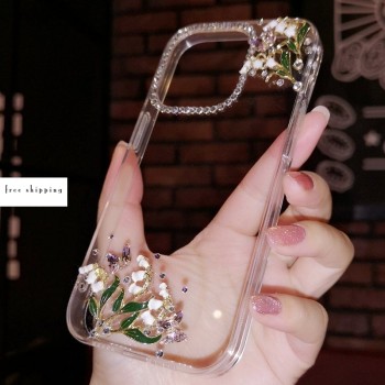 Handmade Crystal iPhone 16 Case Glitter Bling Rhinestone Bell Orchid Minimalist Phone Cover