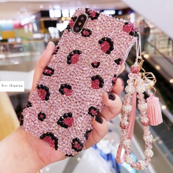 Handmade Crystal iPhone 16 Case Glitter Bling Pink Leopard Luxury Crystal Diamond Rhinestone