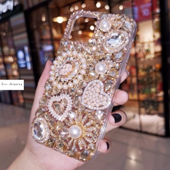 Handmade Crystal iPhone 16 Case Glitter Bling Pearl Charm Phone Cover Luxury Crystal Rhinestone