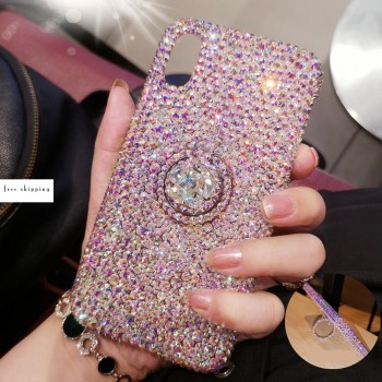 Handmade Crystal iPhone 16 Case Glitter Bling Ring Stand Phone Cover Luxury Crystal Rhinestone