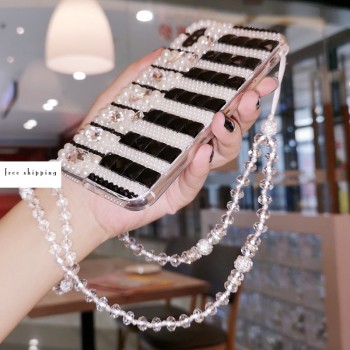Handmade Crystal iPhone 16 Case Glitter Bling Piano Keys Pattern Luxury Crystal Pearl Rhinestone
